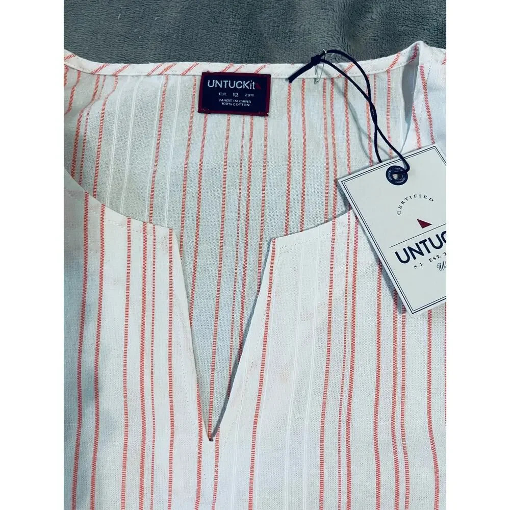 NWT UNTUCKIT Durfort Top White Pink Striped Tunic Blouse Cotton V-Neck - Picture 3 of 7